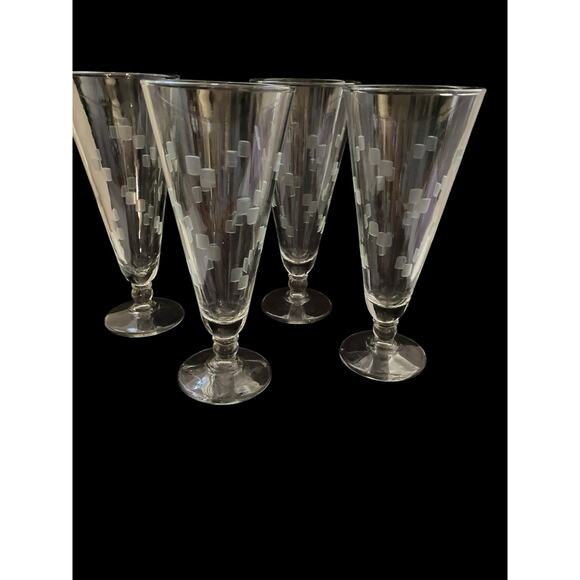 Set of Four Vintage Anchor Hocking Grey Etched CUBIST Pilsner Glasses 7 1/2” MCM - Picture 6 of 12